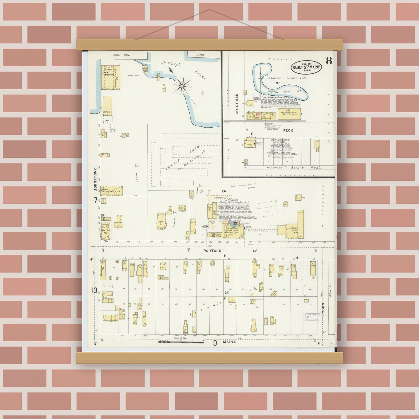 Old map wall art mockup — magnetic wood frame on brick wall — Sanborn Fire Insurance Map from Sault Sainte Marie, Chippewa County, Michigan (1897), Sheet #0008