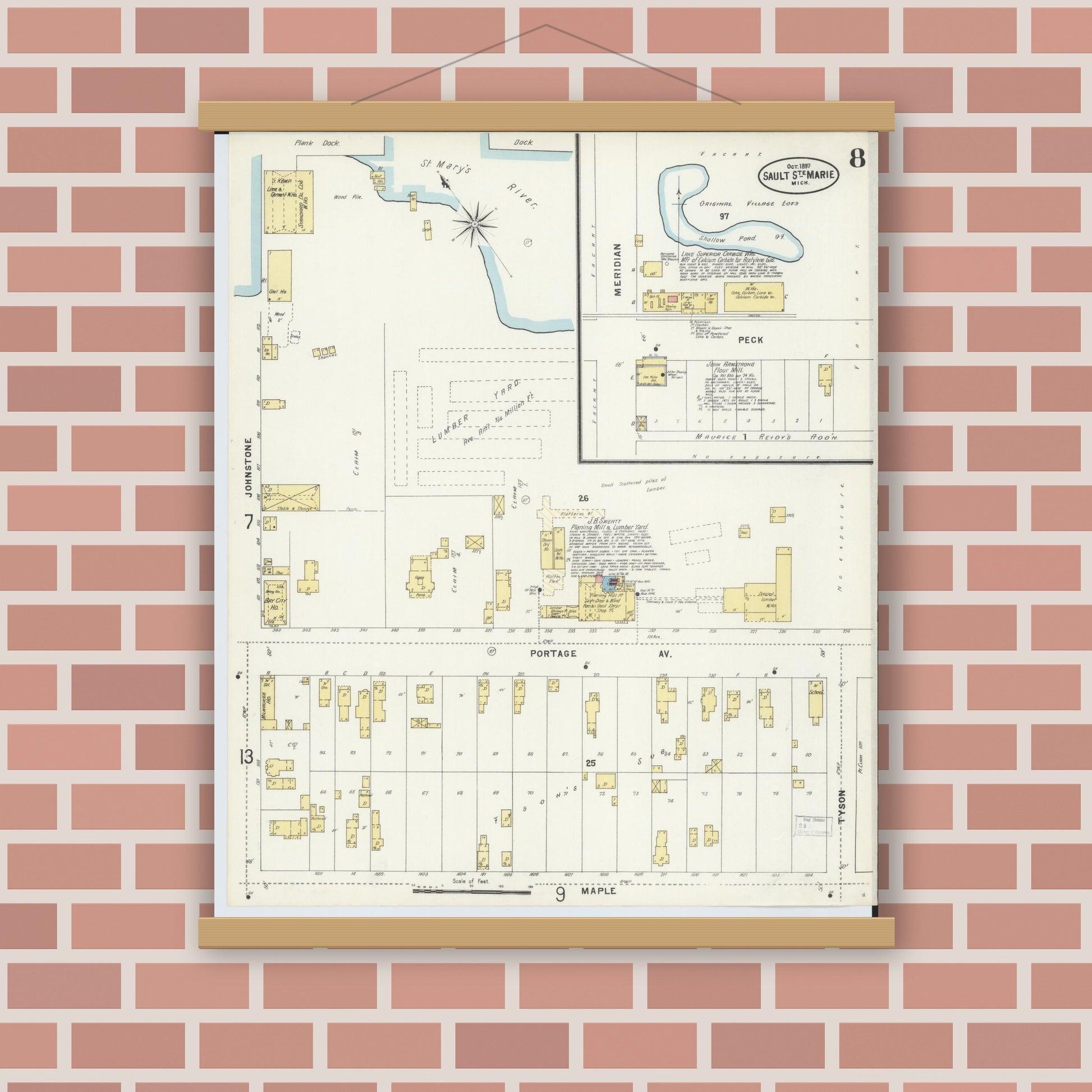 Old map wall art mockup — magnetic wood frame on brick wall — Sanborn Fire Insurance Map from Sault Sainte Marie, Chippewa County, Michigan (1897), Sheet #0008