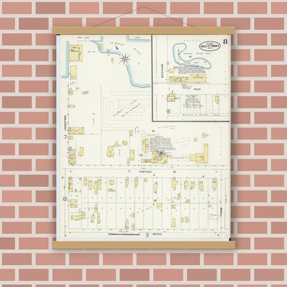 Old map wall art mockup — magnetic wood frame on brick wall — Sanborn Fire Insurance Map from Sault Sainte Marie, Chippewa County, Michigan (1897), Sheet #0008