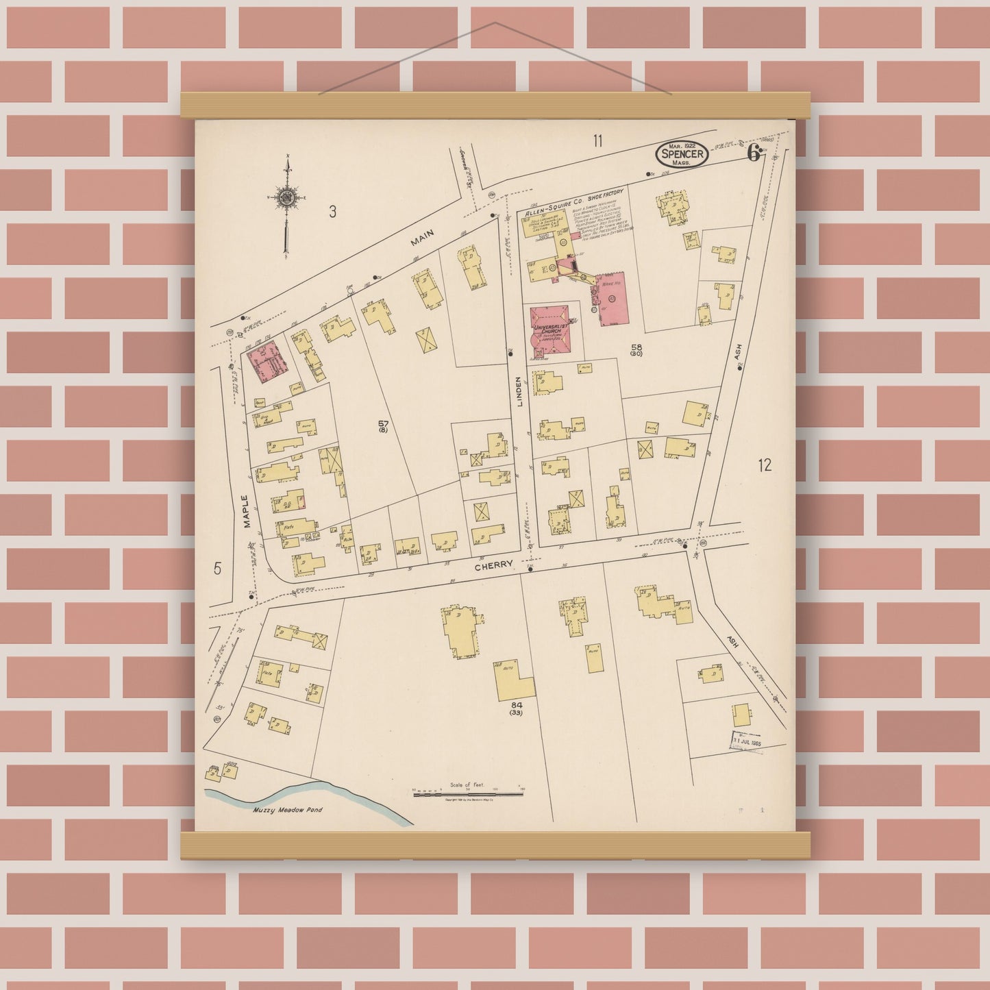 Old map wall art mockup — magnetic wood frame on brick wall — Sanborn Fire Insurance Map from Spencer, Worcester County, Massachusetts (1922), Sheet #0006