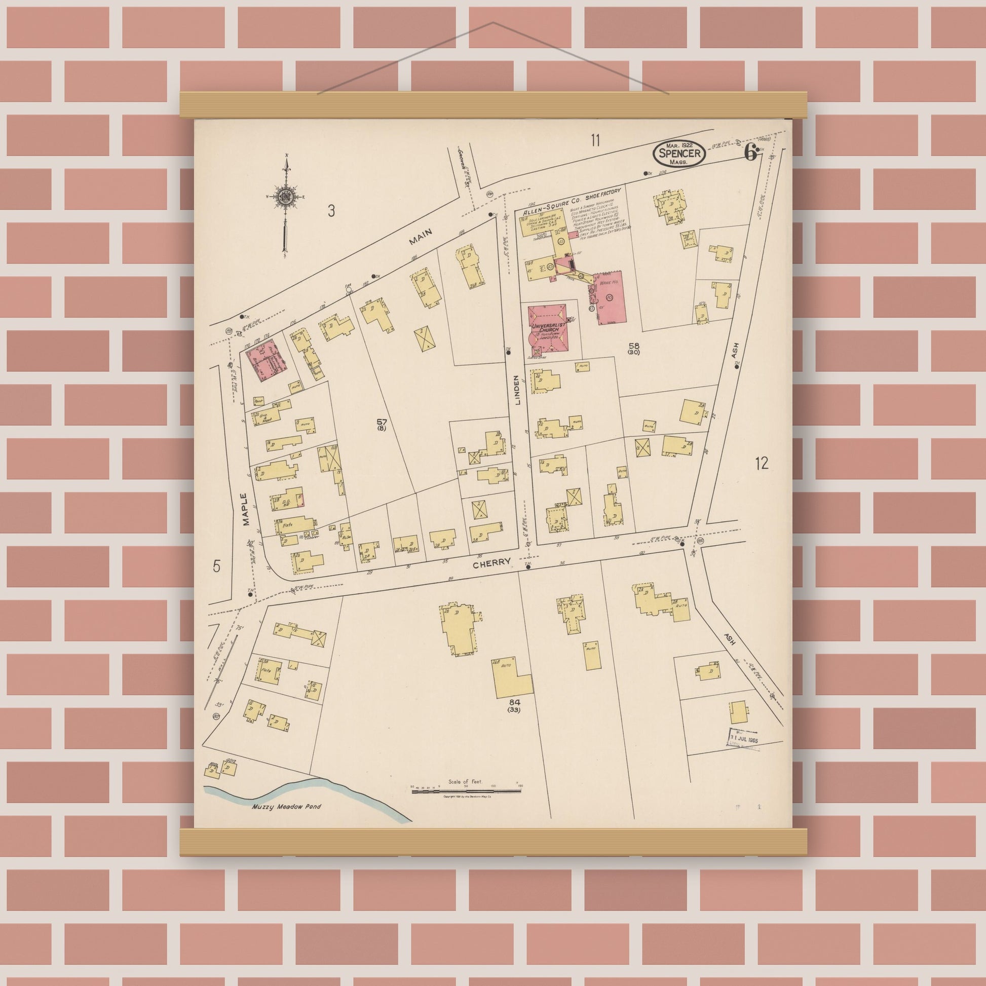 Old map wall art mockup — magnetic wood frame on brick wall — Sanborn Fire Insurance Map from Spencer, Worcester County, Massachusetts (1922), Sheet #0006