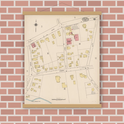 Old map wall art mockup — magnetic wood frame on brick wall — Sanborn Fire Insurance Map from Spencer, Worcester County, Massachusetts (1922), Sheet #0006