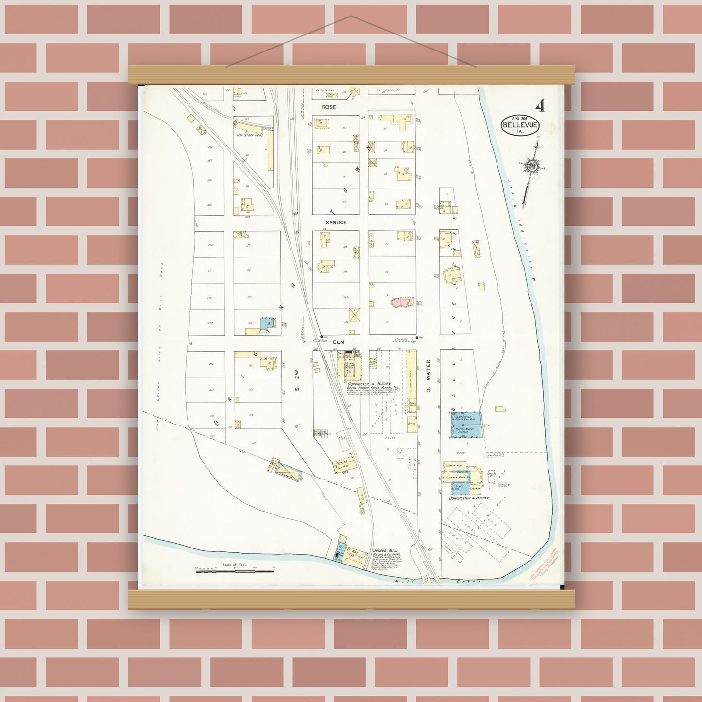 Old map wall art mockup — magnetic wood frame on brick wall — Sanborn Fire Insurance Map from Bellevue, Jackson County, Iowa (1914), Sheet #0004