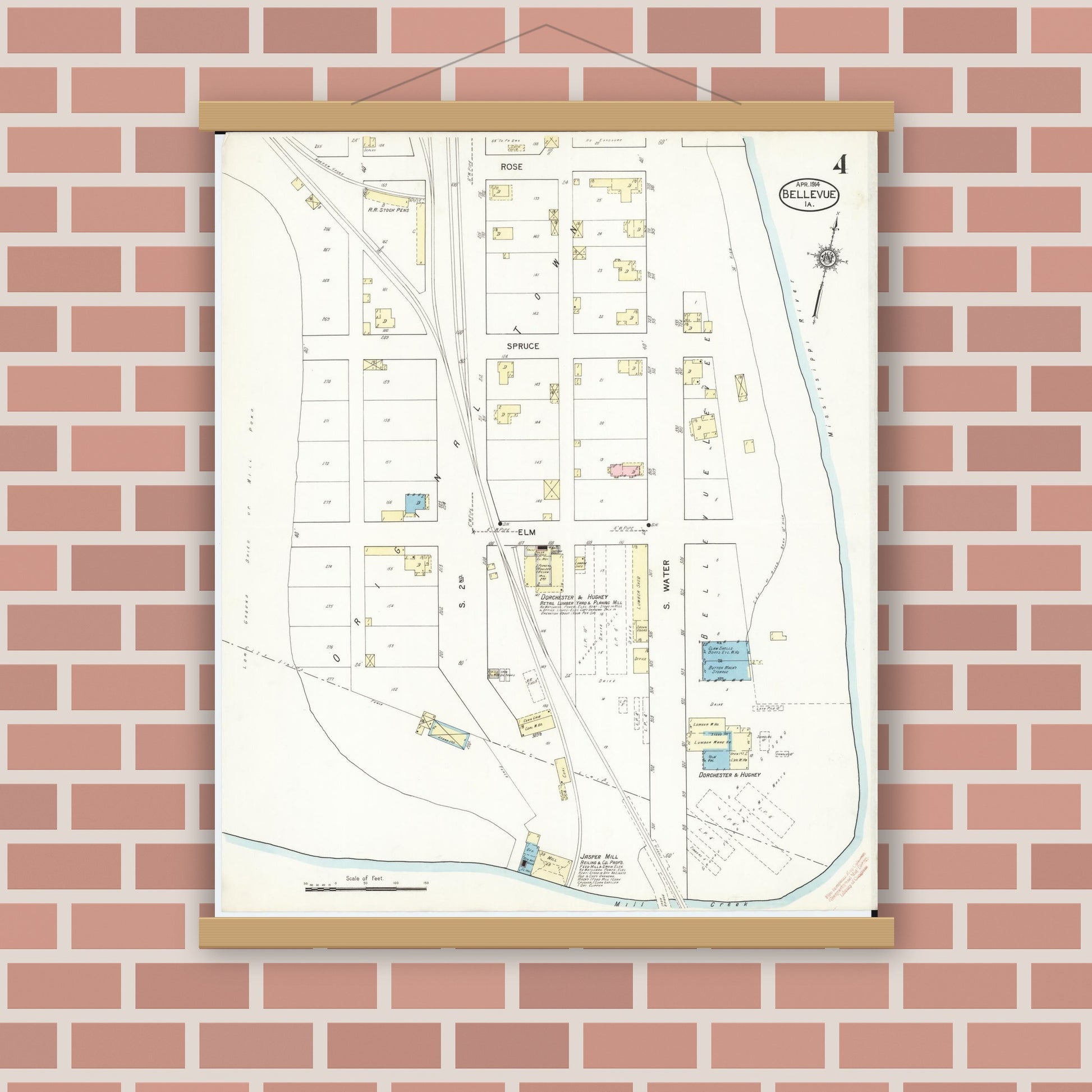 Old map wall art mockup — magnetic wood frame on brick wall — Sanborn Fire Insurance Map from Bellevue, Jackson County, Iowa (1914), Sheet #0004