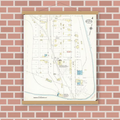 Old map wall art mockup — magnetic wood frame on brick wall — Sanborn Fire Insurance Map from Bellevue, Jackson County, Iowa (1914), Sheet #0004