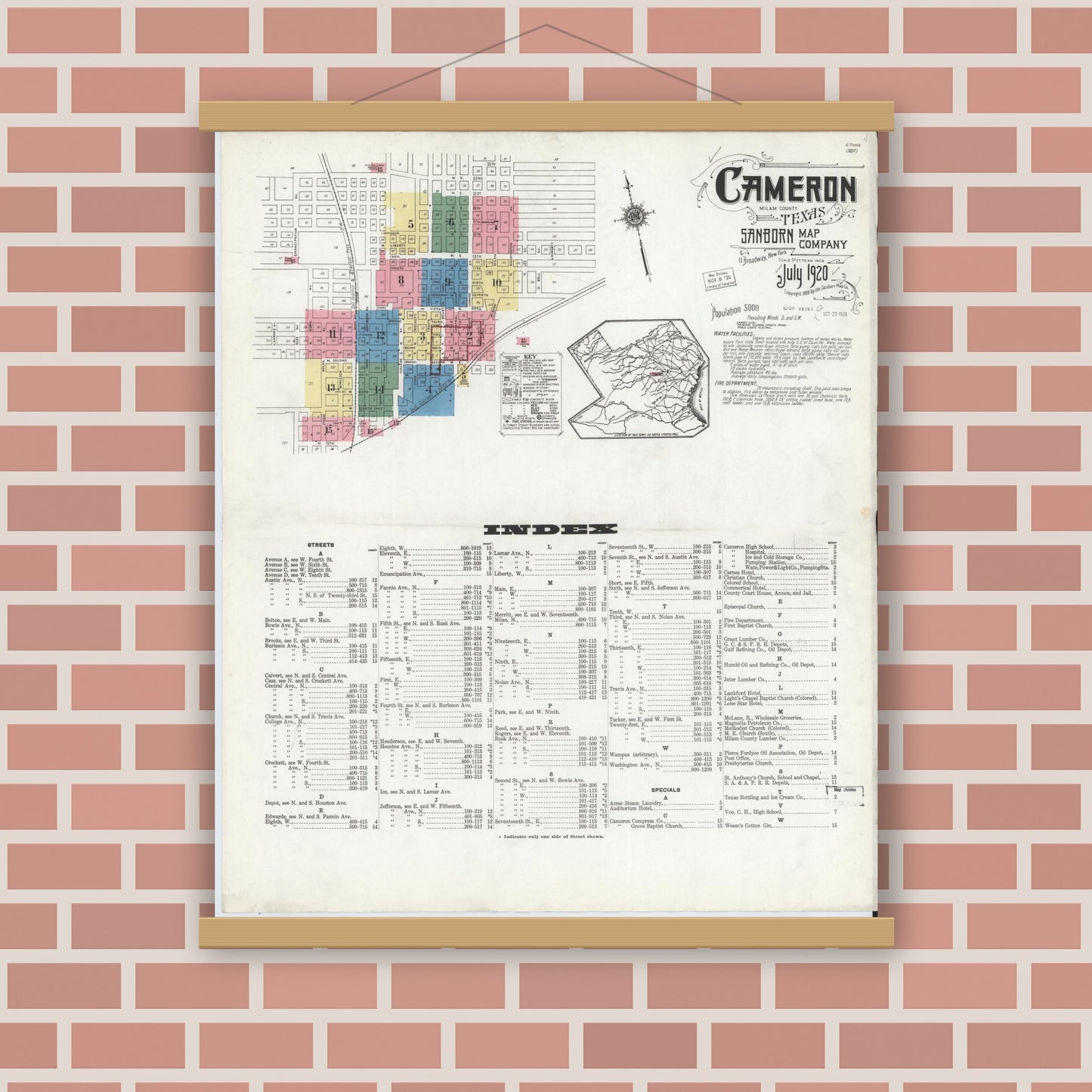 Old map wall art mockup — magnetic wood frame on brick wall — Sanborn Fire Insurance Map from Cameron, Milam County, Texas (1920), Sheet #0001