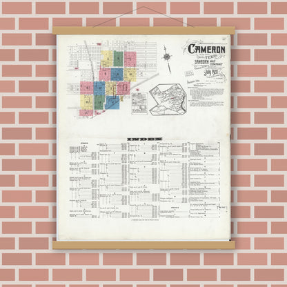 Old map wall art mockup — magnetic wood frame on brick wall — Sanborn Fire Insurance Map from Cameron, Milam County, Texas (1920), Sheet #0001