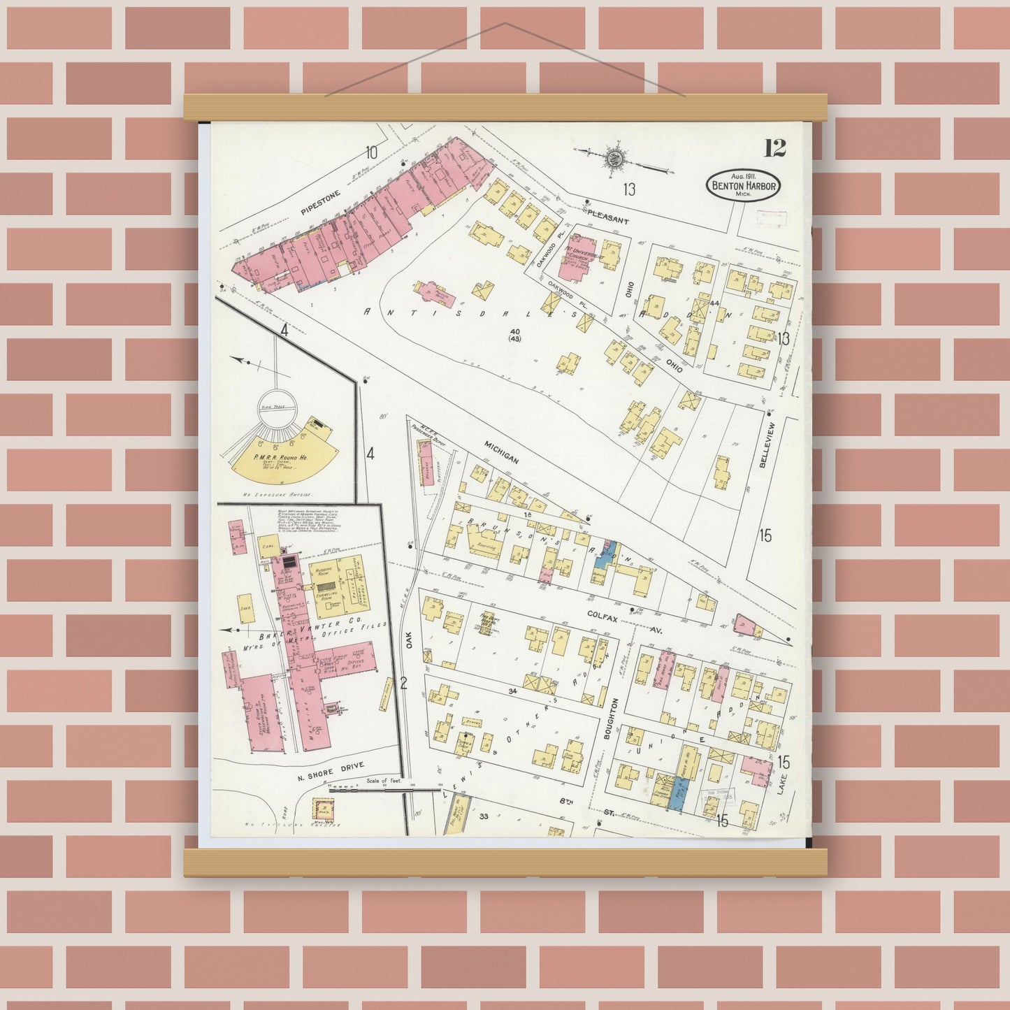 Old map wall art mockup — magnetic wood frame on brick wall — Sanborn Fire Insurance Map from Benton Harbor, Berrien County, Michigan (1911), Sheet #0012
