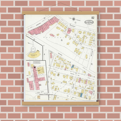 Old map wall art mockup — magnetic wood frame on brick wall — Sanborn Fire Insurance Map from Benton Harbor, Berrien County, Michigan (1911), Sheet #0012