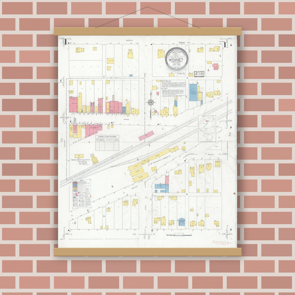Old map wall art mockup — magnetic wood frame on brick wall — Sanborn Fire Insurance Map from Wyanet, Bureau County, Illinois (1932) - Complete Map Set