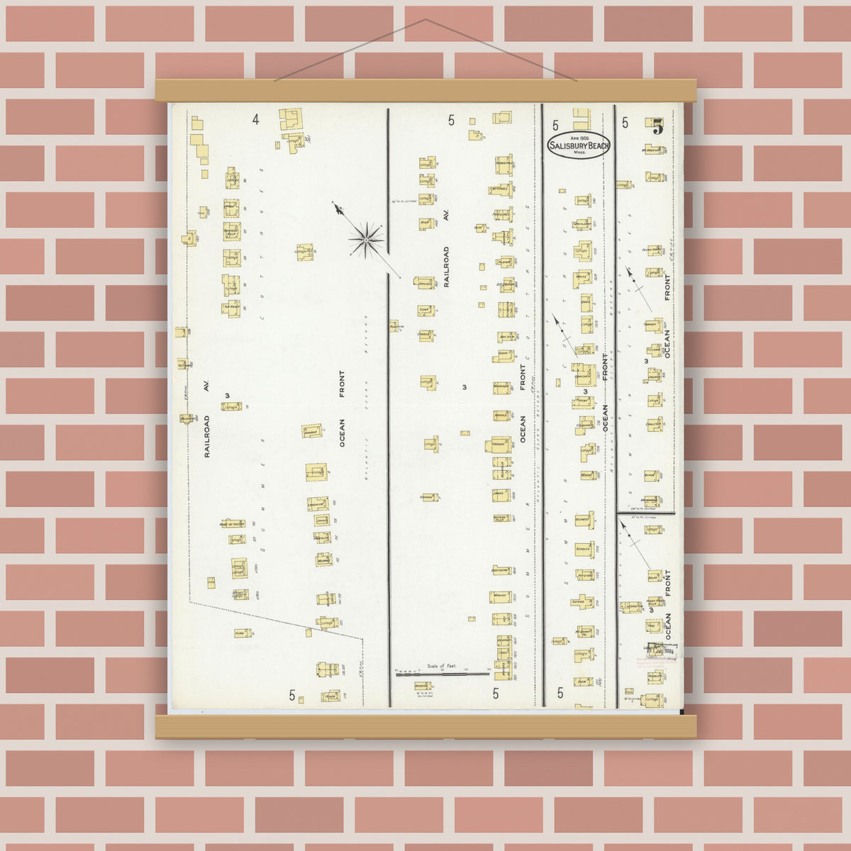 Old map wall art mockup — magnetic wood frame on brick wall — Sanborn Fire Insurance Map from Salisbury, Essex County, Massachusetts (1909), Sheet #0005