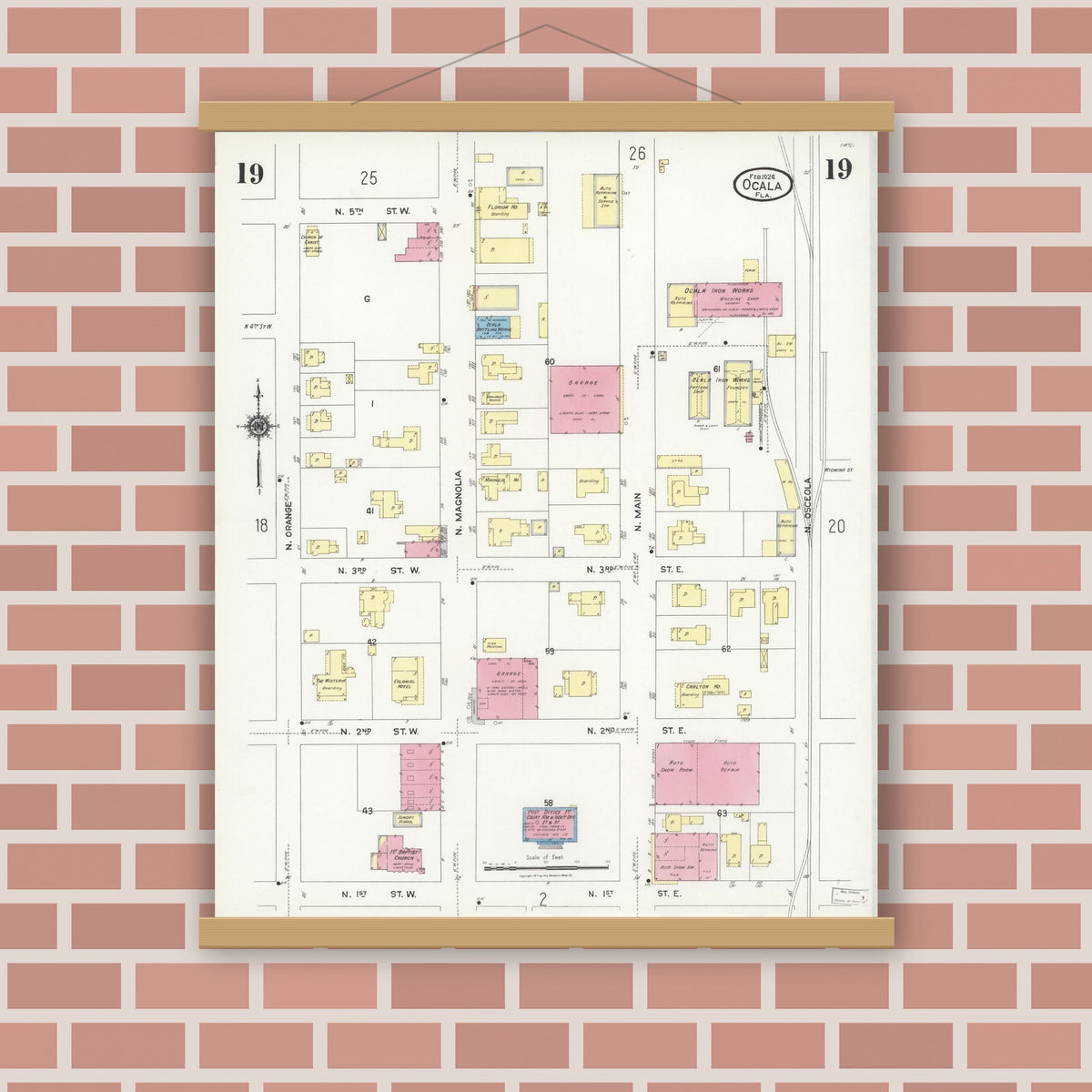 Old map wall art mockup — magnetic wood frame on brick wall — Sanborn Fire Insurance Map from Ocala, Marion County, Florida (1924), Sheet #0019