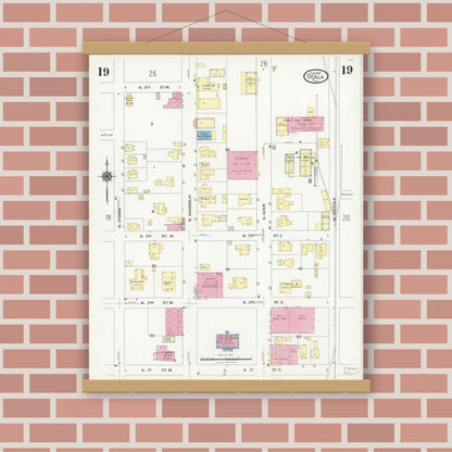 Old map wall art mockup — magnetic wood frame on brick wall — Sanborn Fire Insurance Map from Ocala, Marion County, Florida (1924), Sheet #0019