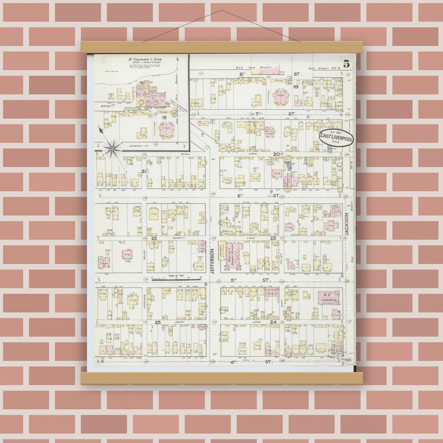 Old map wall art mockup — magnetic wood frame on brick wall — Sanborn Fire Insurance Map from East Liverpool, Columbiana County, Ohio (1887), Sheet #0005