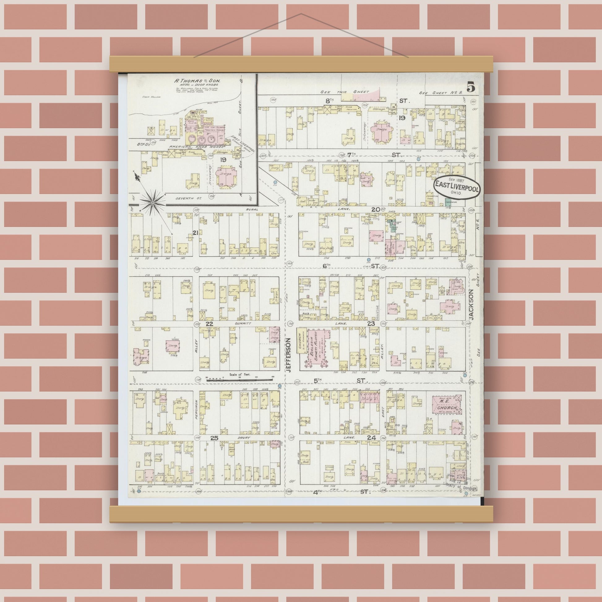 Old map wall art mockup — magnetic wood frame on brick wall — Sanborn Fire Insurance Map from East Liverpool, Columbiana County, Ohio (1887), Sheet #0005