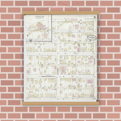 Old map wall art mockup — magnetic wood frame on brick wall — Sanborn Fire Insurance Map from East Liverpool, Columbiana County, Ohio (1887), Sheet #0005