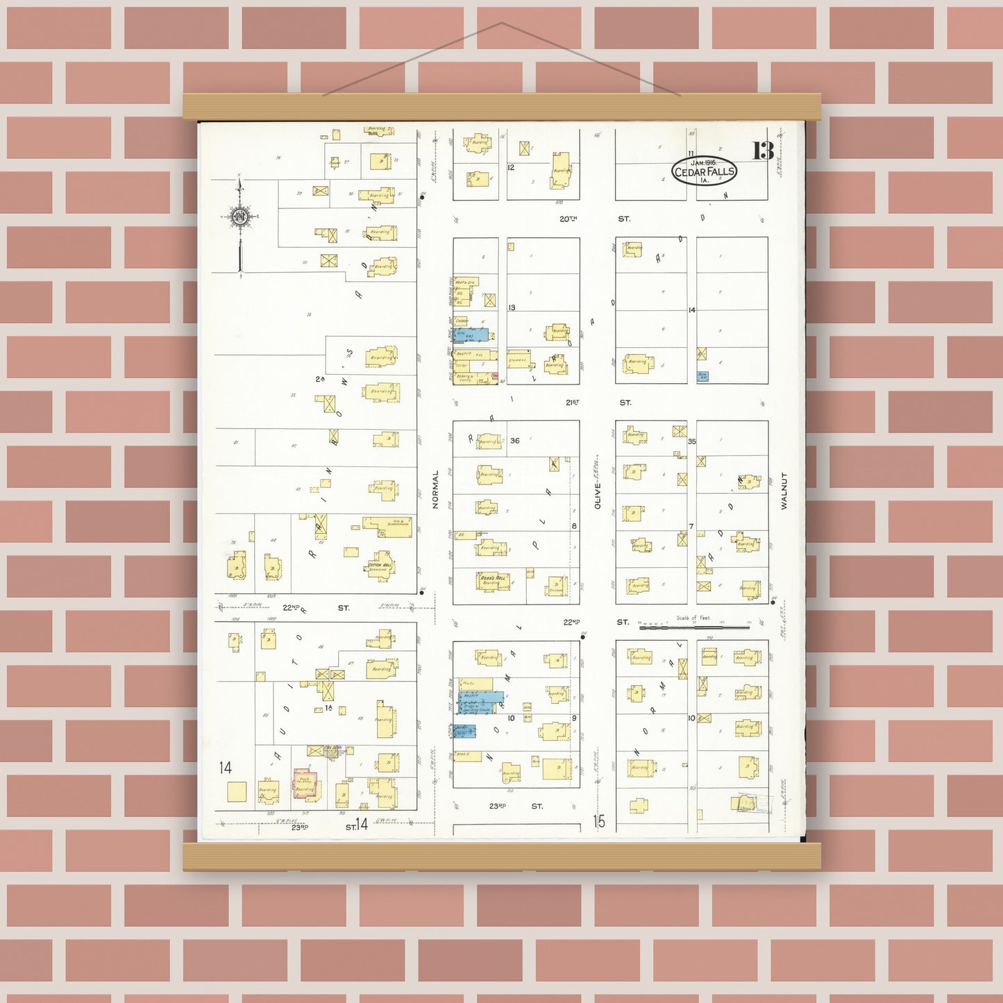 Old map wall art mockup — magnetic wood frame on brick wall — Sanborn Fire Insurance Map from Cedar Falls, Black Hawk County, Iowa (1916), Sheet #0013