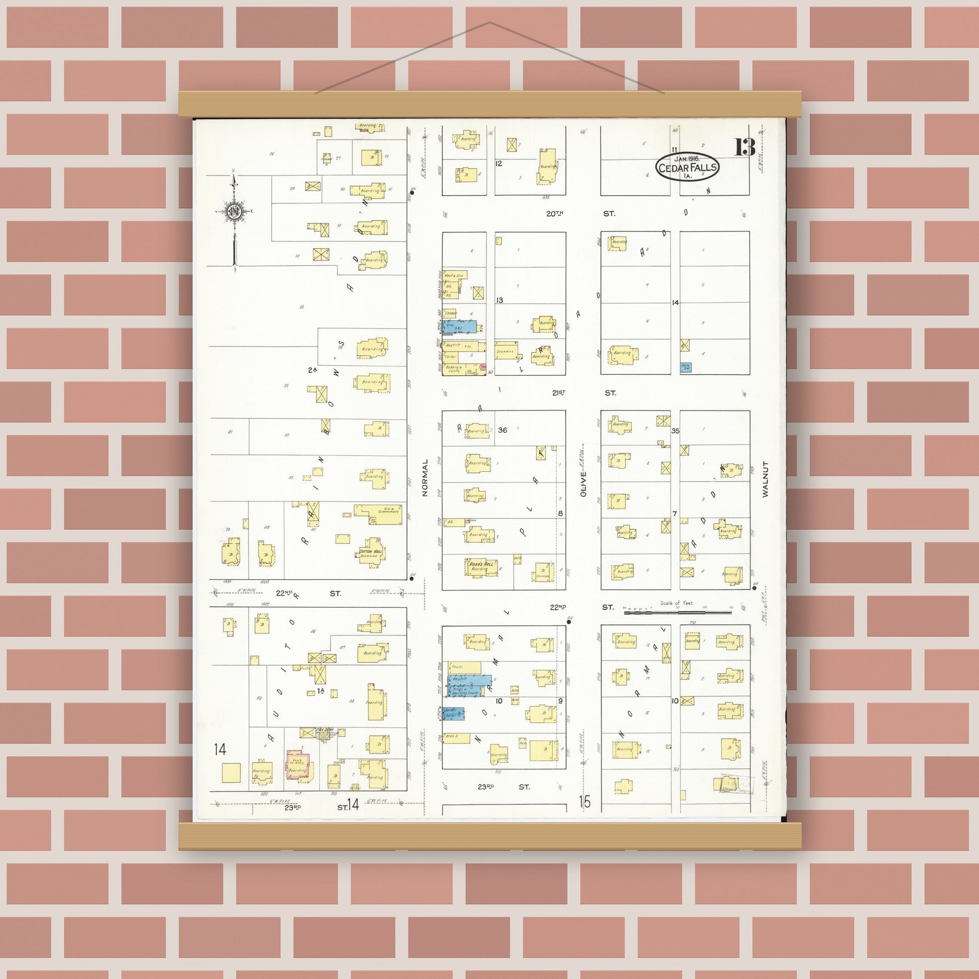 Old map wall art mockup — magnetic wood frame on brick wall — Sanborn Fire Insurance Map from Cedar Falls, Black Hawk County, Iowa (1916), Sheet #0013