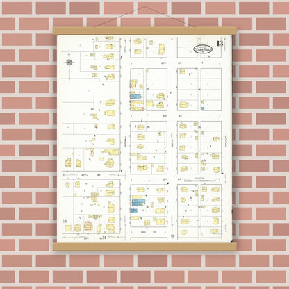 Old map wall art mockup — magnetic wood frame on brick wall — Sanborn Fire Insurance Map from Cedar Falls, Black Hawk County, Iowa (1916), Sheet #0013