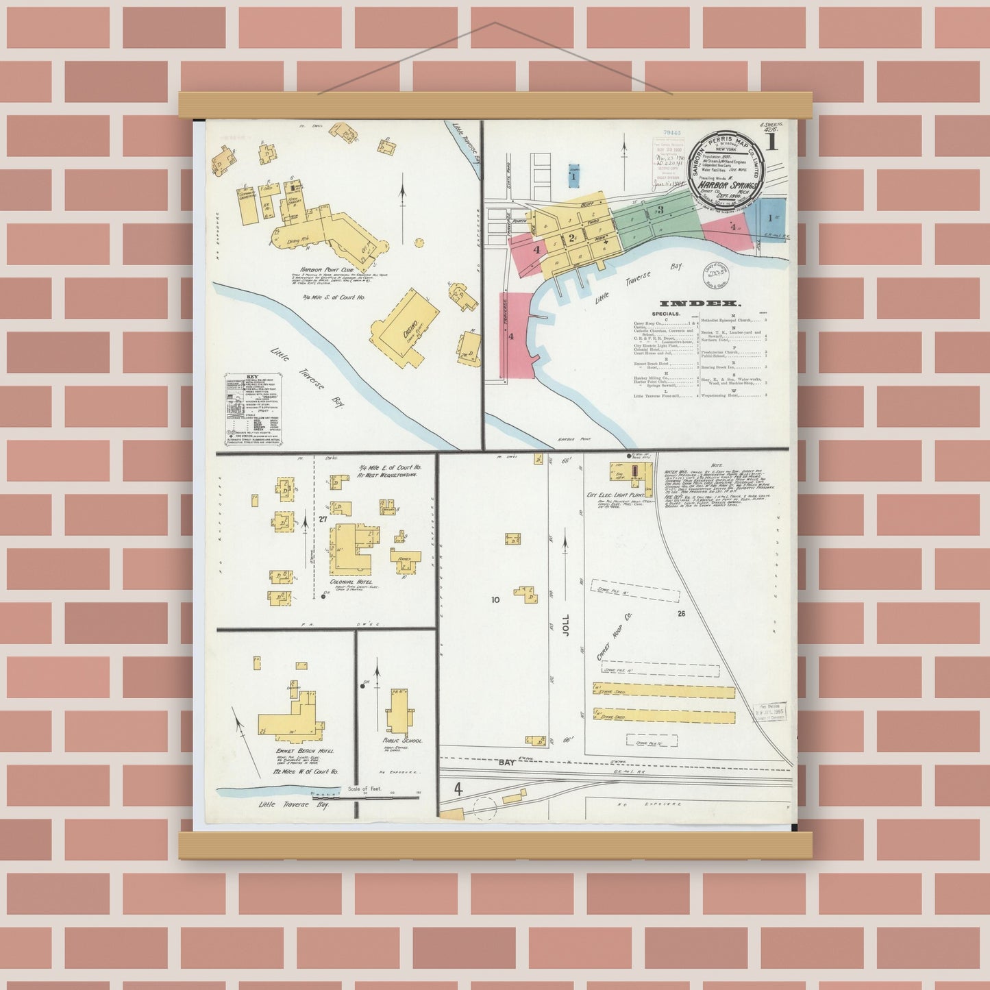 Old map wall art mockup — magnetic wood frame on brick wall — Sanborn Fire Insurance Map from Harbor Springs, Emmet County, Michigan (1900) - Complete Map Set