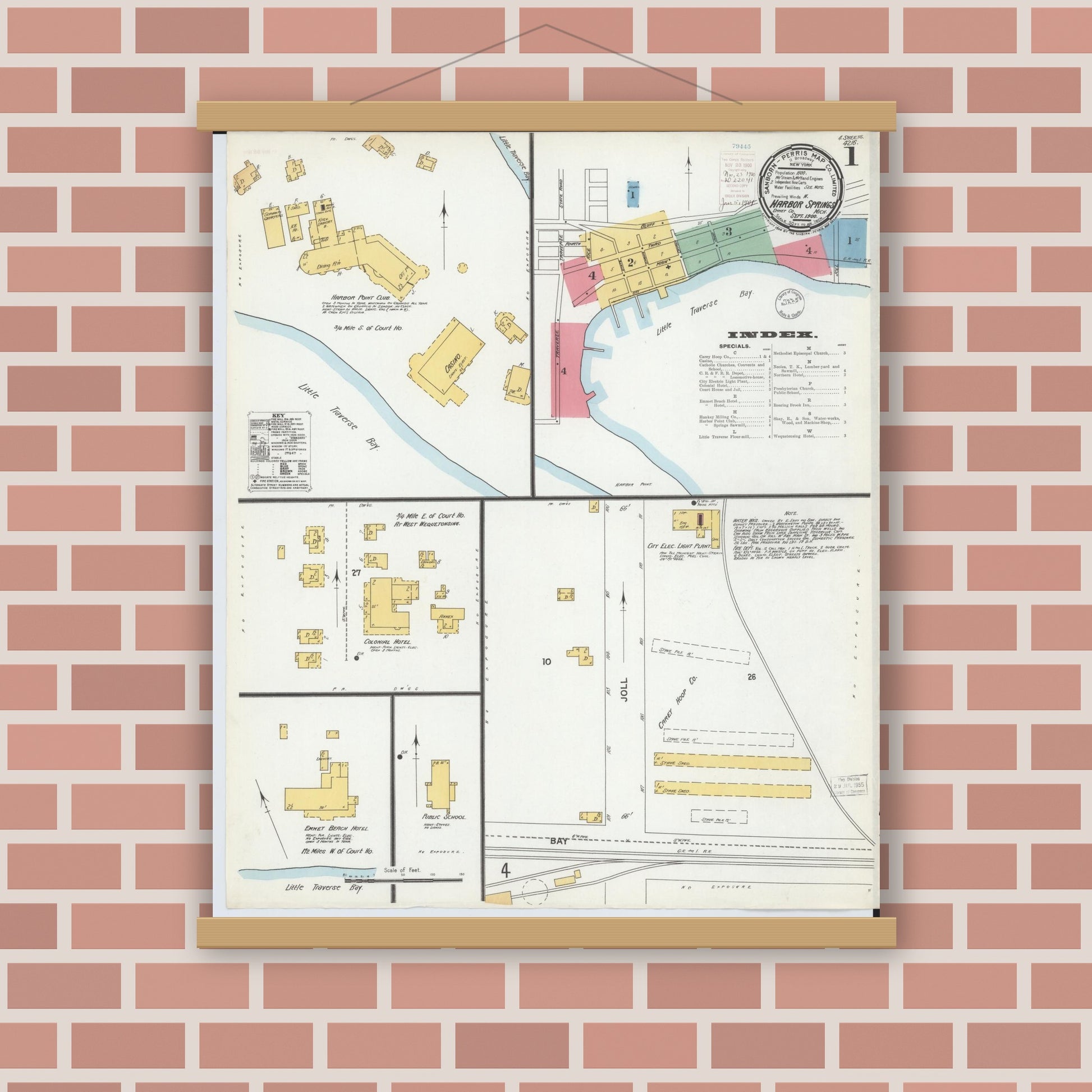 Old map wall art mockup — magnetic wood frame on brick wall — Sanborn Fire Insurance Map from Harbor Springs, Emmet County, Michigan (1900) - Complete Map Set
