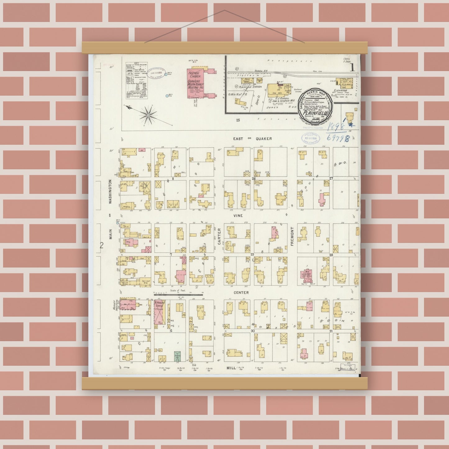 Old map wall art mockup — magnetic wood frame on brick wall — Sanborn Fire Insurance Map from Plainfield, Hendricks County, Indiana (1898) - Complete Map Set