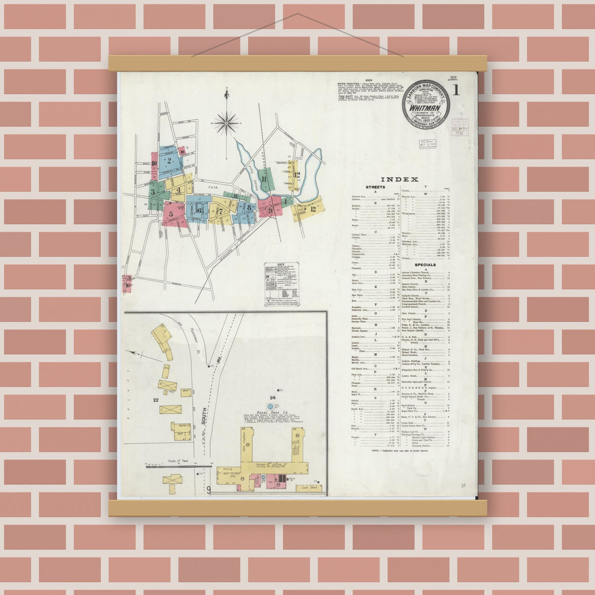 Old map wall art mockup — magnetic wood frame on brick wall — Sanborn Fire Insurance Map from Whitman, Plymouth County, Massachusetts (1905) - Complete Map Set