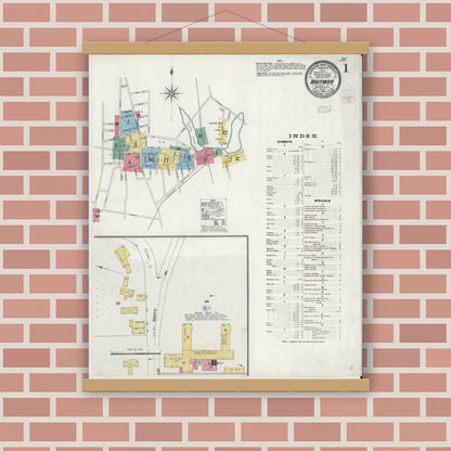 Old map wall art mockup — magnetic wood frame on brick wall — Sanborn Fire Insurance Map from Whitman, Plymouth County, Massachusetts (1905) - Complete Map Set