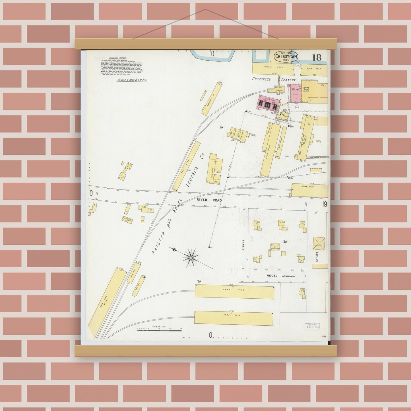 Old map wall art mockup — magnetic wood frame on brick wall — Sanborn Fire Insurance Map from Cheboygan, Cheboygan County, Michigan (1900), Sheet #0018