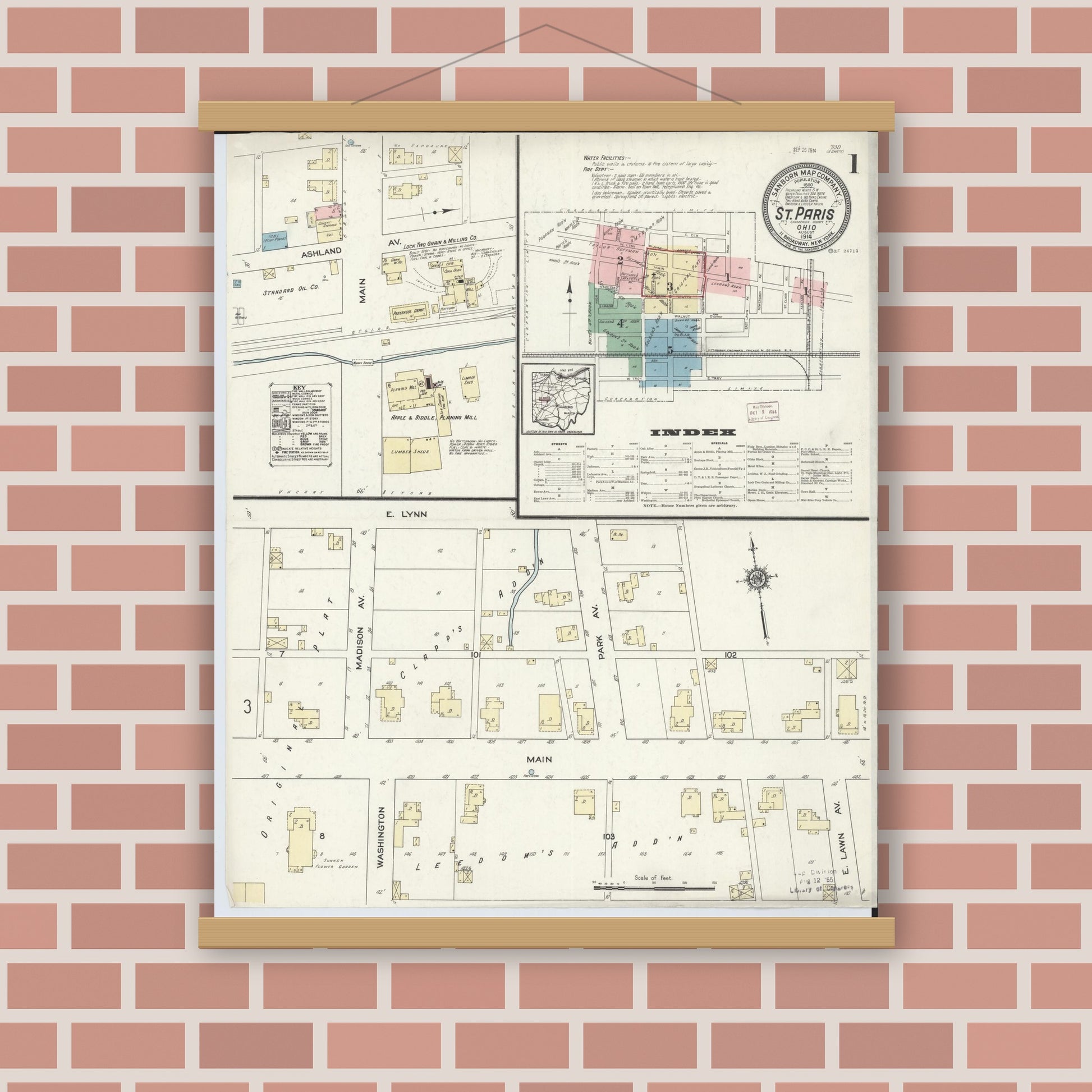 Old map wall art mockup — magnetic wood frame on brick wall — Sanborn Fire Insurance Map from Saint Paris, Champaign County, Ohio (1914) - Complete Map Set