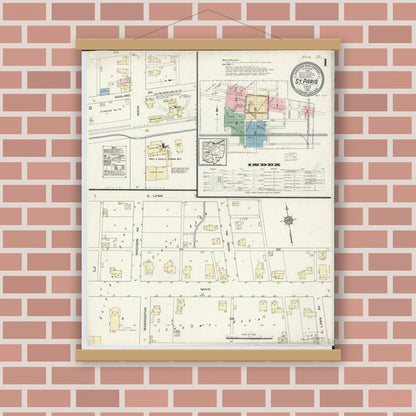 Old map wall art mockup — magnetic wood frame on brick wall — Sanborn Fire Insurance Map from Saint Paris, Champaign County, Ohio (1914) - Complete Map Set