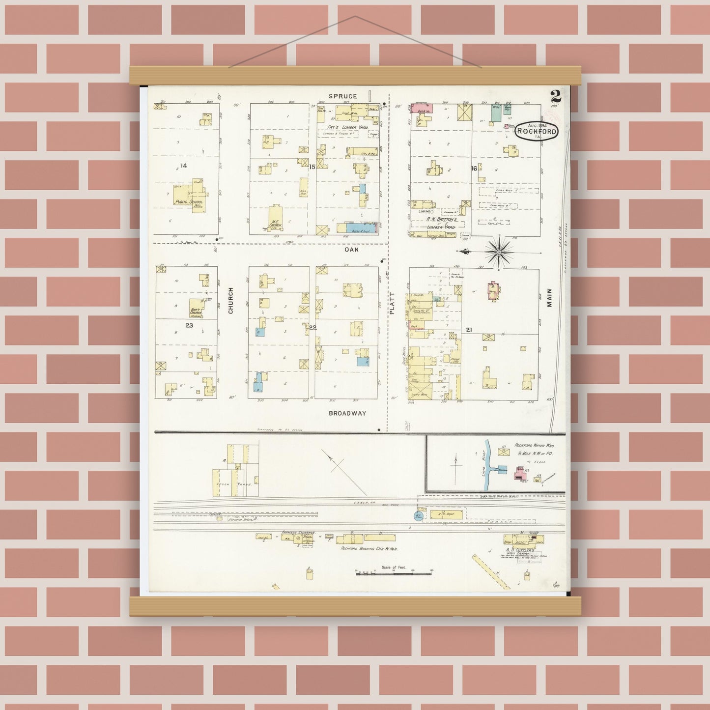 Old map wall art mockup — magnetic wood frame on brick wall — Sanborn Fire Insurance Map from Rockford, Floyd County, Iowa (1894), Sheet #0002