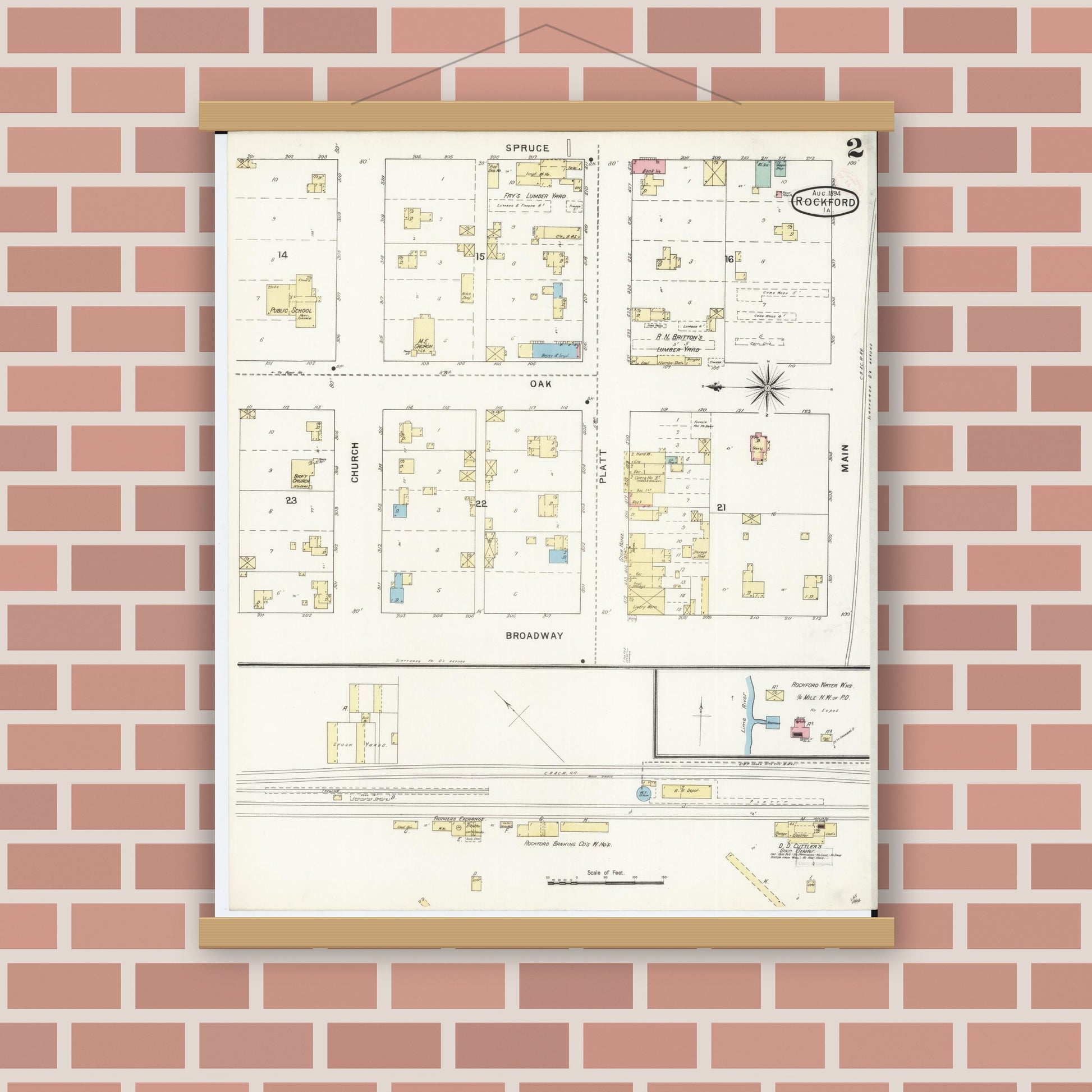 Old map wall art mockup — magnetic wood frame on brick wall — Sanborn Fire Insurance Map from Rockford, Floyd County, Iowa (1894), Sheet #0002