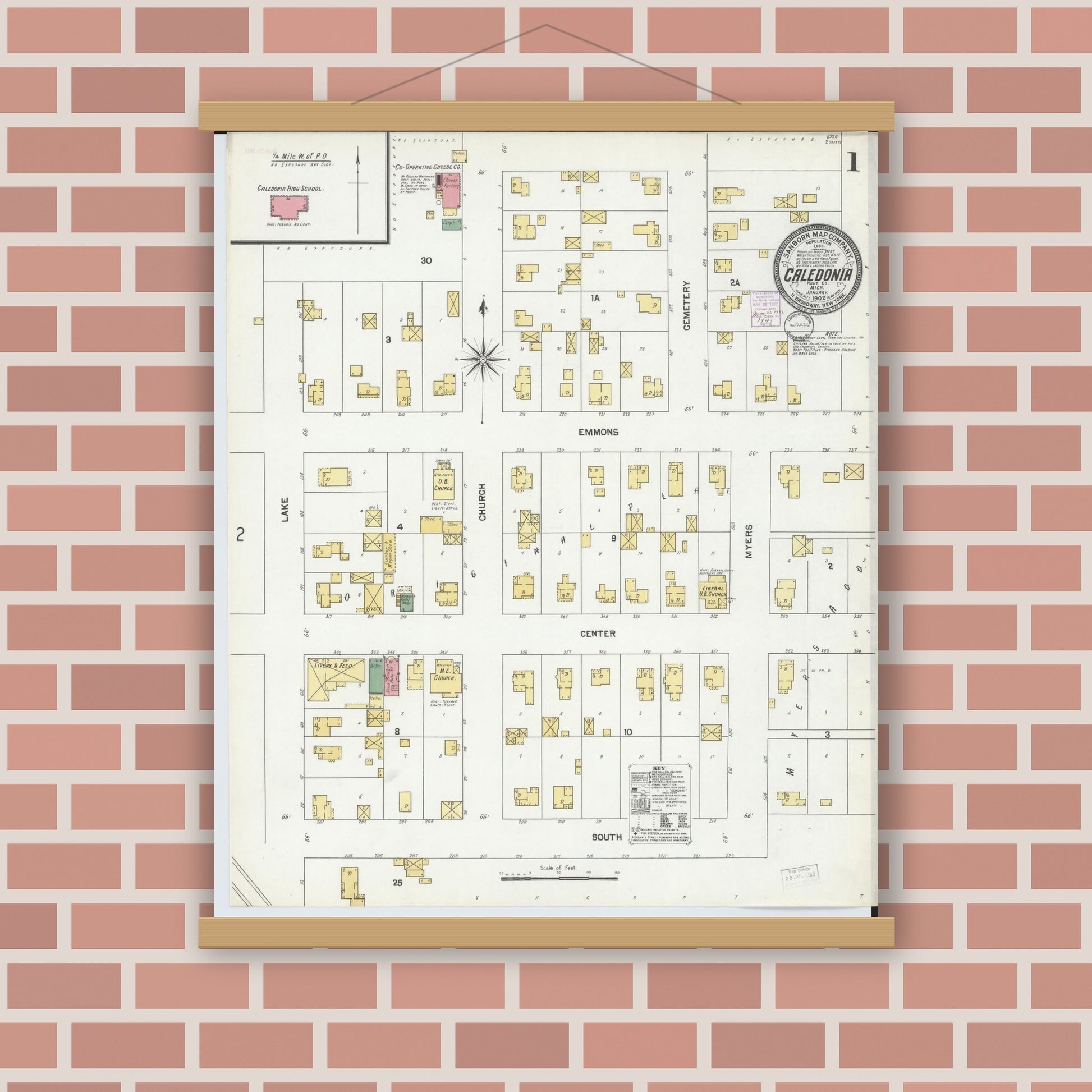 Old map wall art mockup — magnetic wood frame on brick wall — Sanborn Fire Insurance Map from Caledonia, Kent County, Michigan (1902) - Complete Map Set