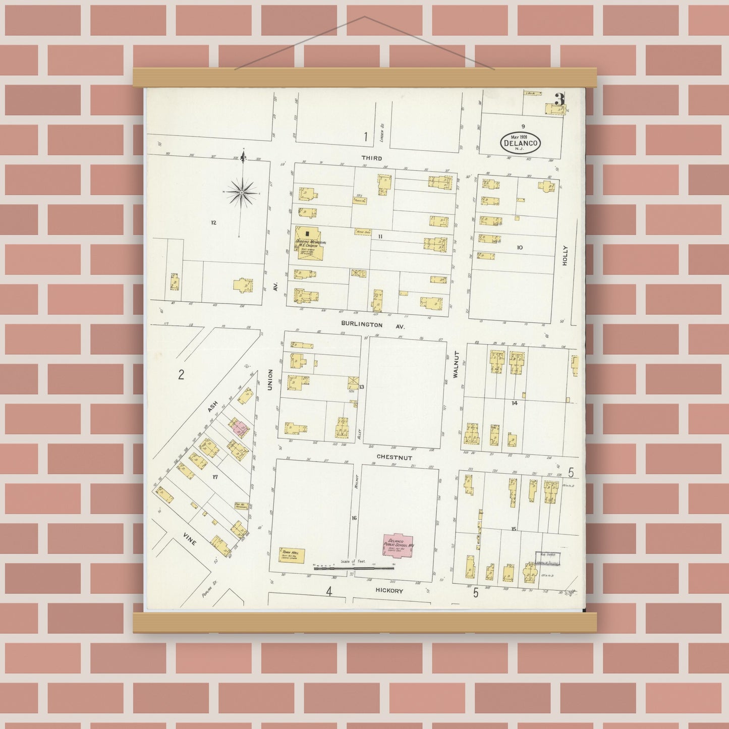 Old map wall art mockup — magnetic wood frame on brick wall — Sanborn Fire Insurance Map from Delanco, Burlington County, New Jersey (1909), Sheet #0003