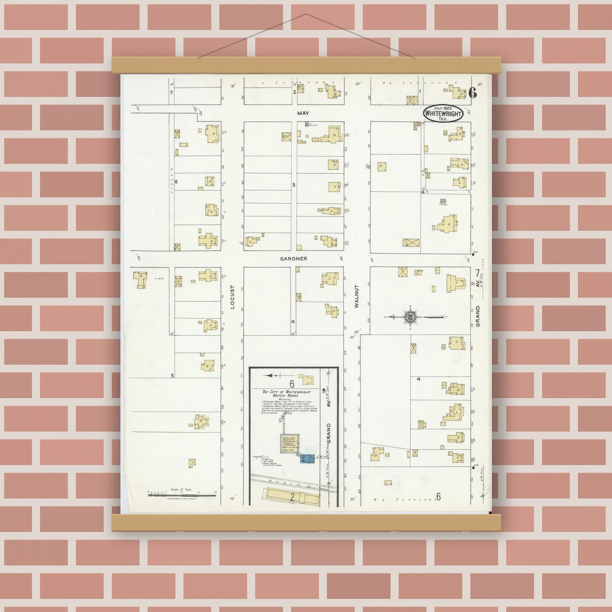Old map wall art mockup — magnetic wood frame on brick wall — Sanborn Fire Insurance Map from Whitewright, Grayson County, Texas (1920), Sheet #0006