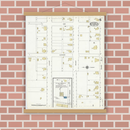 Old map wall art mockup — magnetic wood frame on brick wall — Sanborn Fire Insurance Map from Whitewright, Grayson County, Texas (1920), Sheet #0006