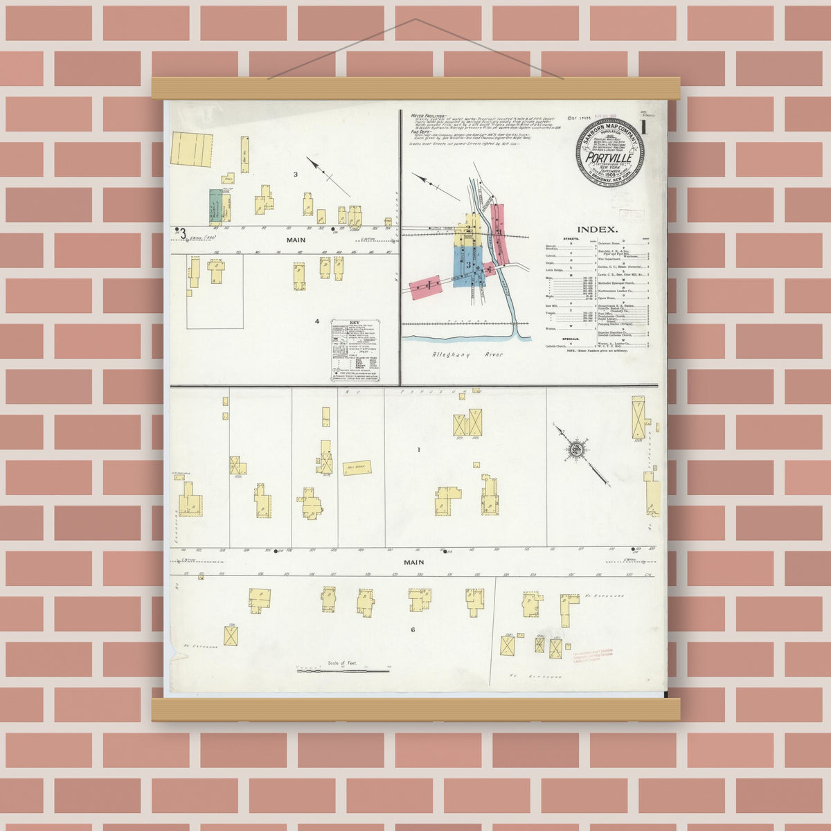 Old map wall art mockup — magnetic wood frame on brick wall — Sanborn Fire Insurance Map from Portville, Cattaraugus County, New York (1909), Sheet #0001