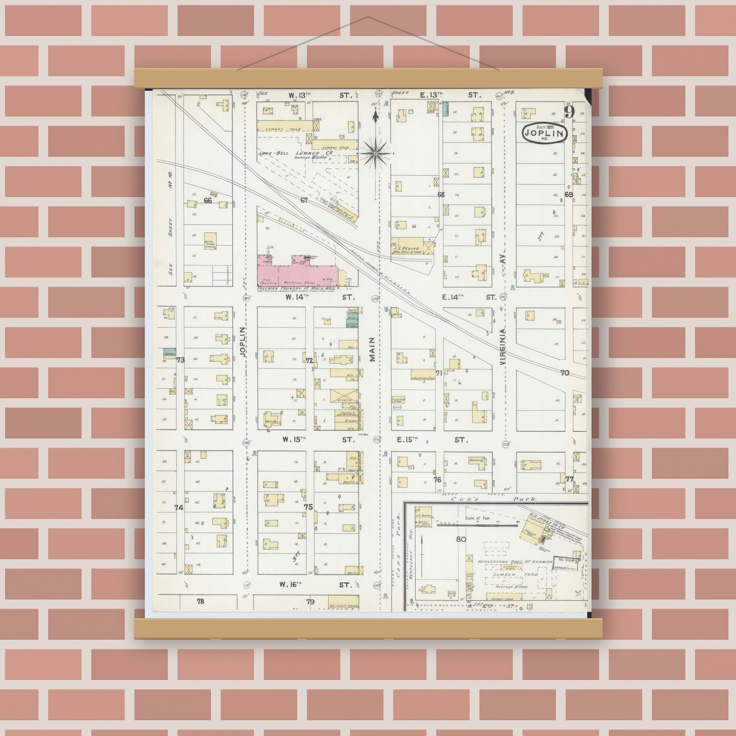Old map wall art mockup — magnetic wood frame on brick wall — Sanborn Fire Insurance Map from Joplin, Jasper County, Missouri (1891), Sheet #0009