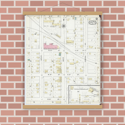 Old map wall art mockup — magnetic wood frame on brick wall — Sanborn Fire Insurance Map from Joplin, Jasper County, Missouri (1891), Sheet #0009