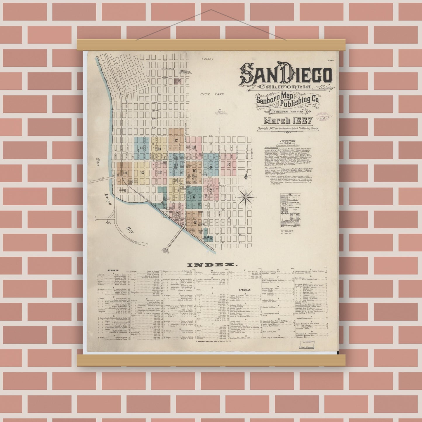 Old map wall art mockup — magnetic wood frame on brick wall — Sanborn Fire Insurance Map from San Diego, San Diego County, California (1887) - Complete Map Set