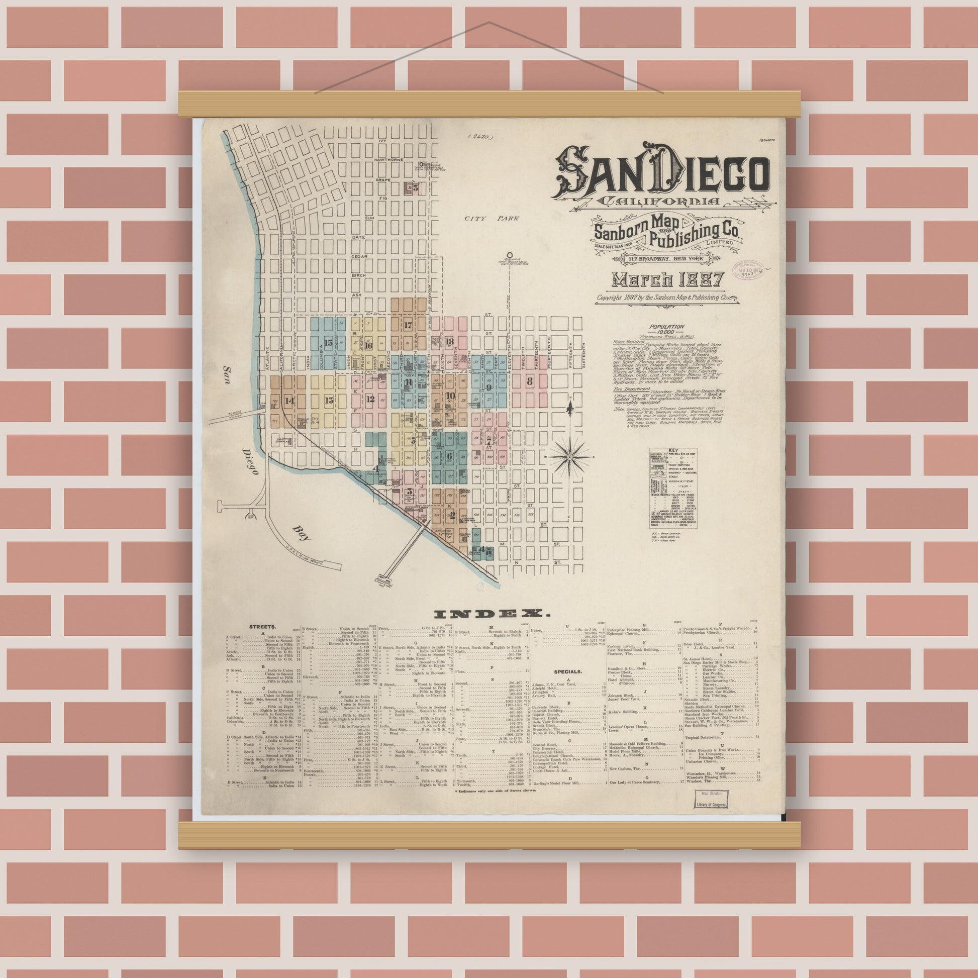 Old map wall art mockup — magnetic wood frame on brick wall — Sanborn Fire Insurance Map from San Diego, San Diego County, California (1887) - Complete Map Set