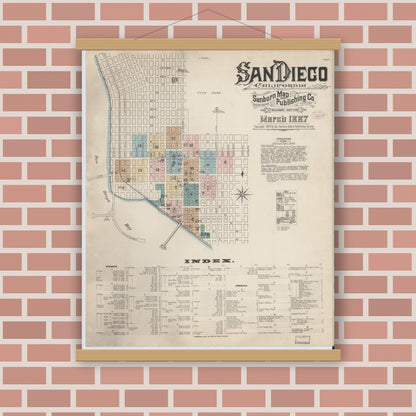 Old map wall art mockup — magnetic wood frame on brick wall — Sanborn Fire Insurance Map from San Diego, San Diego County, California (1887) - Complete Map Set
