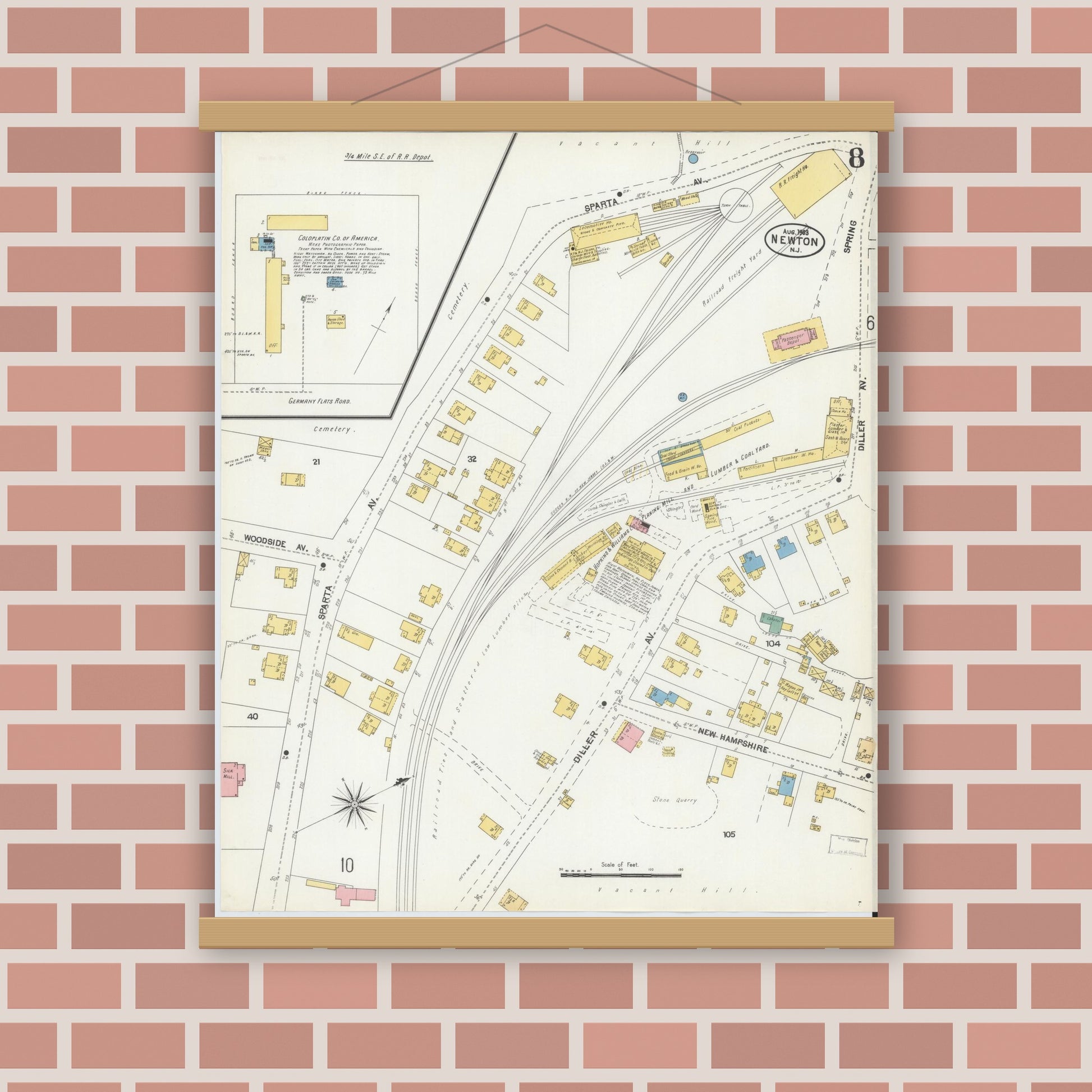 Old map wall art mockup — magnetic wood frame on brick wall — Sanborn Fire Insurance Map from Newton, Sussex County, New Jersey (1903), Sheet #0008