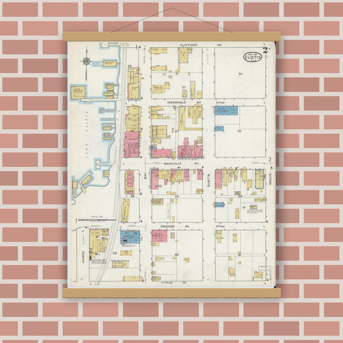 Old map wall art mockup — magnetic wood frame on brick wall — Sanborn Fire Insurance Map from Eustis, Lake County, Florida (1917), Sheet #0002
