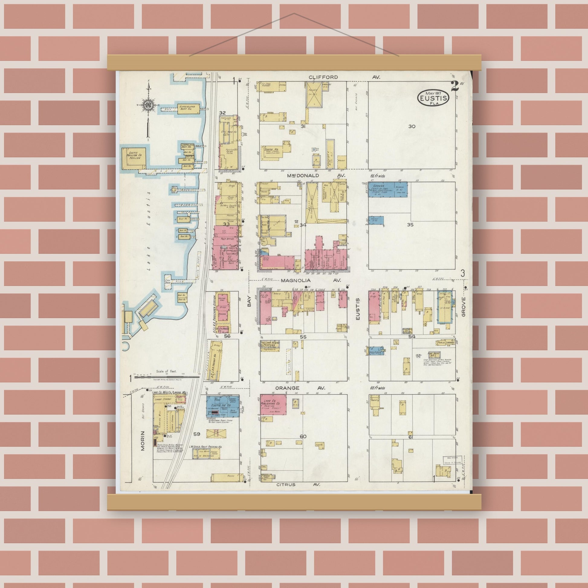 Old map wall art mockup — magnetic wood frame on brick wall — Sanborn Fire Insurance Map from Eustis, Lake County, Florida (1917), Sheet #0002