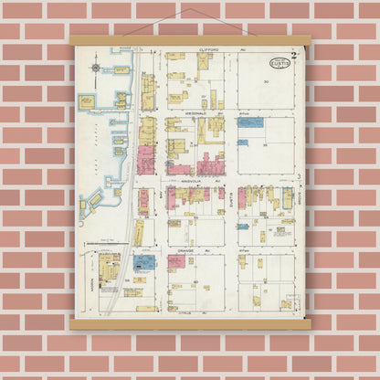 Old map wall art mockup — magnetic wood frame on brick wall — Sanborn Fire Insurance Map from Eustis, Lake County, Florida (1917), Sheet #0002