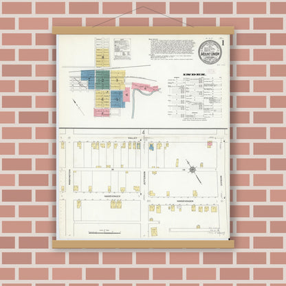 Old map wall art mockup — magnetic wood frame on brick wall — Sanborn Fire Insurance Map from Mount Union, Huntingdon County, Pennsylvania (1911) - Complete Map Set