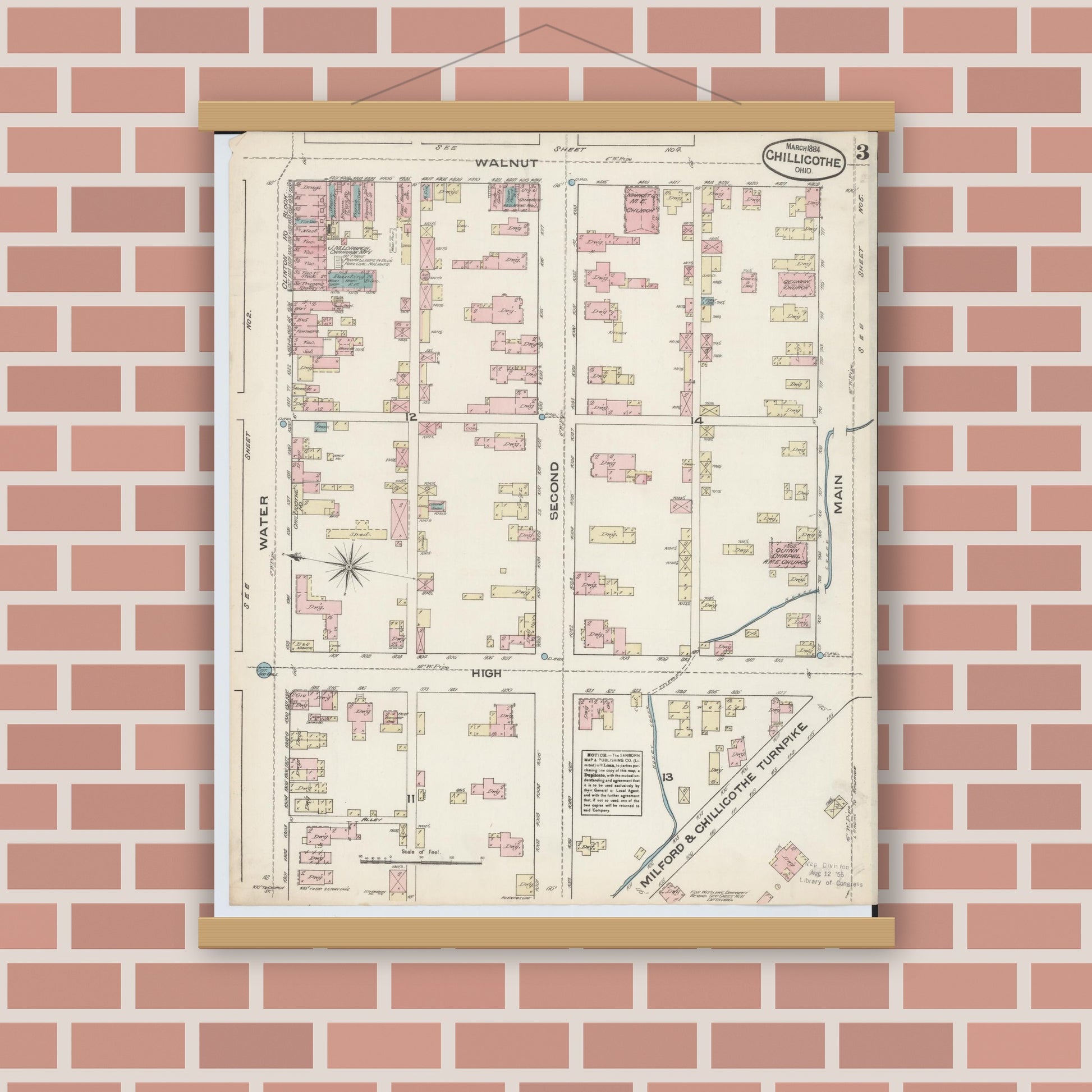 Old map wall art mockup — magnetic wood frame on brick wall — Sanborn Fire Insurance Map from Chillicothe, Ross County, Ohio (1884), Sheet #0003