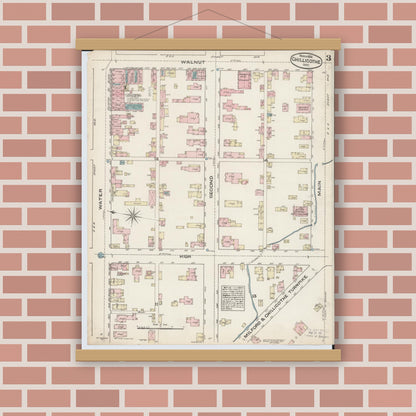Old map wall art mockup — magnetic wood frame on brick wall — Sanborn Fire Insurance Map from Chillicothe, Ross County, Ohio (1884), Sheet #0003